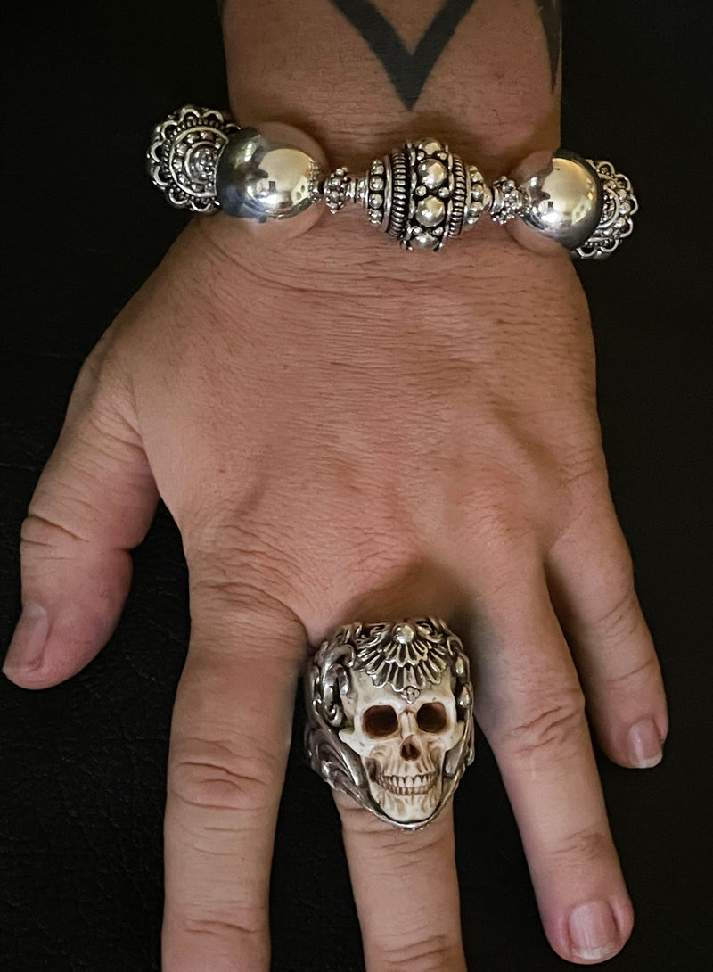 Mortis Ores Antler Skull & Silver Bead Bracelet