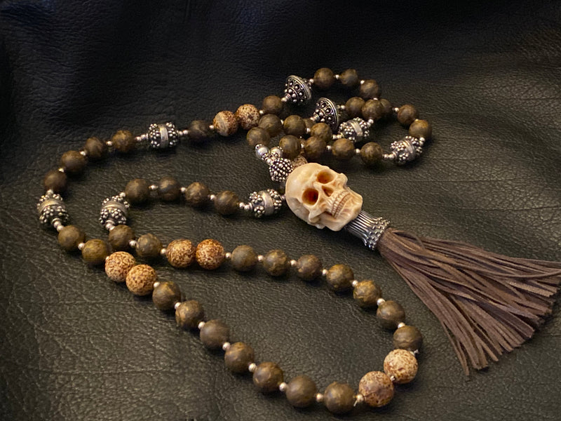 Bronzite Stone Brown Mala Chain Skull Necklace