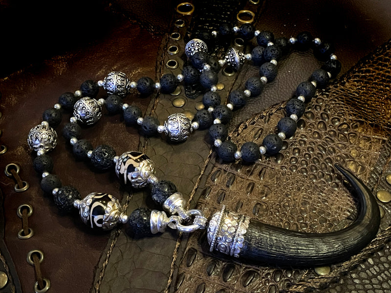 Devil's Horn Lava Stone Mala Chain Necklace