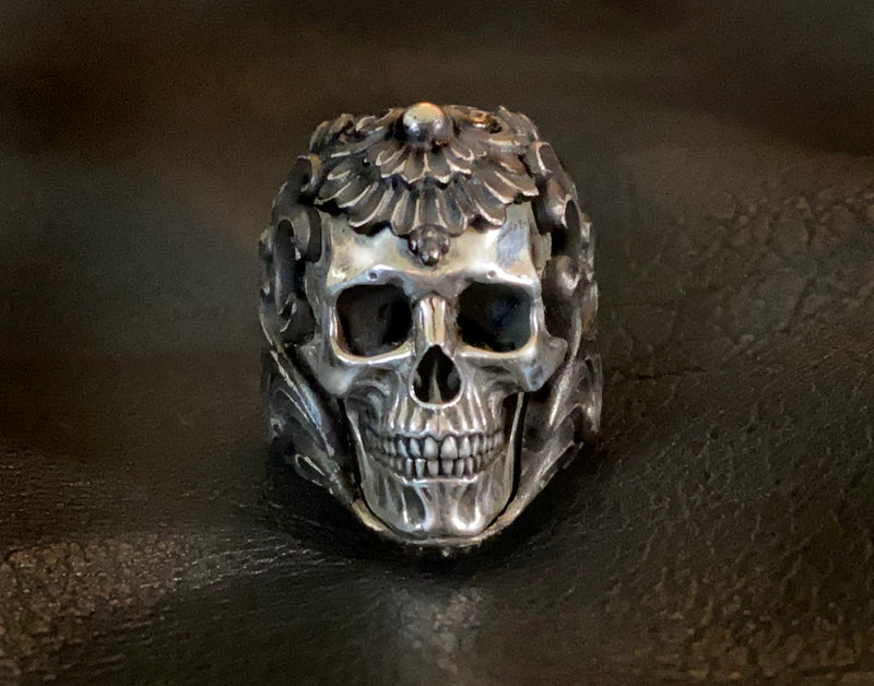 Full Silver Floral Armor Skull Ring