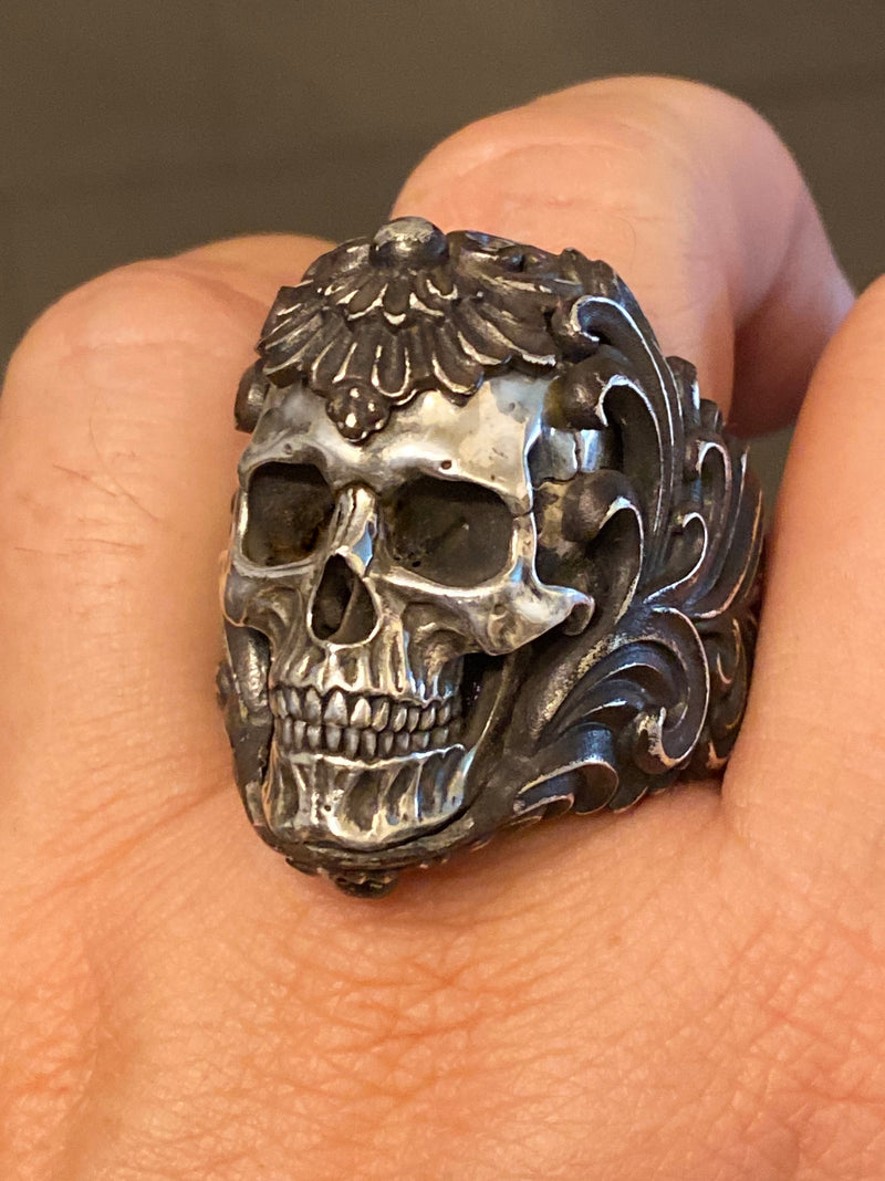 Full Silver Floral Armor Skull Ring