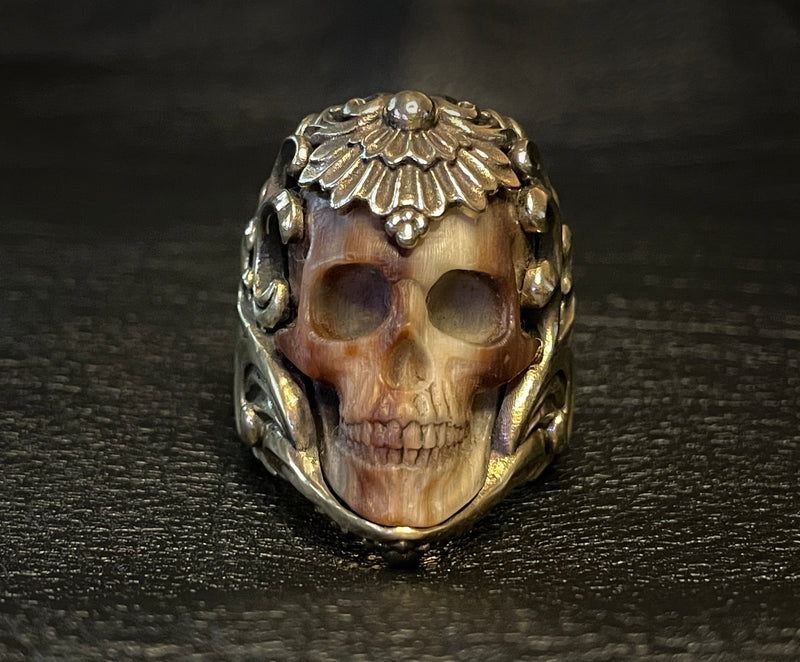 Buffalo Horn Brass Skull Ring