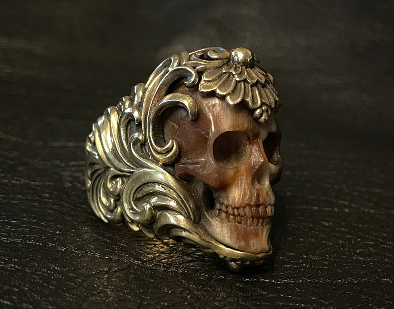 Buffalo Horn Brass Skull Ring