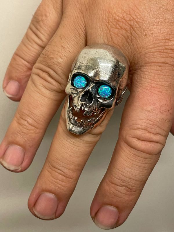 Big Biker Skull Ring with Opal Gemstones