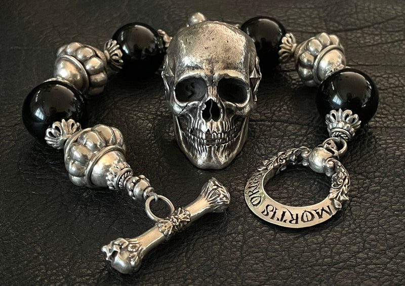 Black Onyx Skull Silver Bracelet