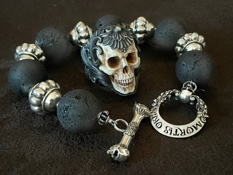 Black Lava Stone Skull Bracelet 