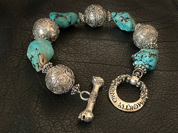 blue turquoise skull silver bracelet 