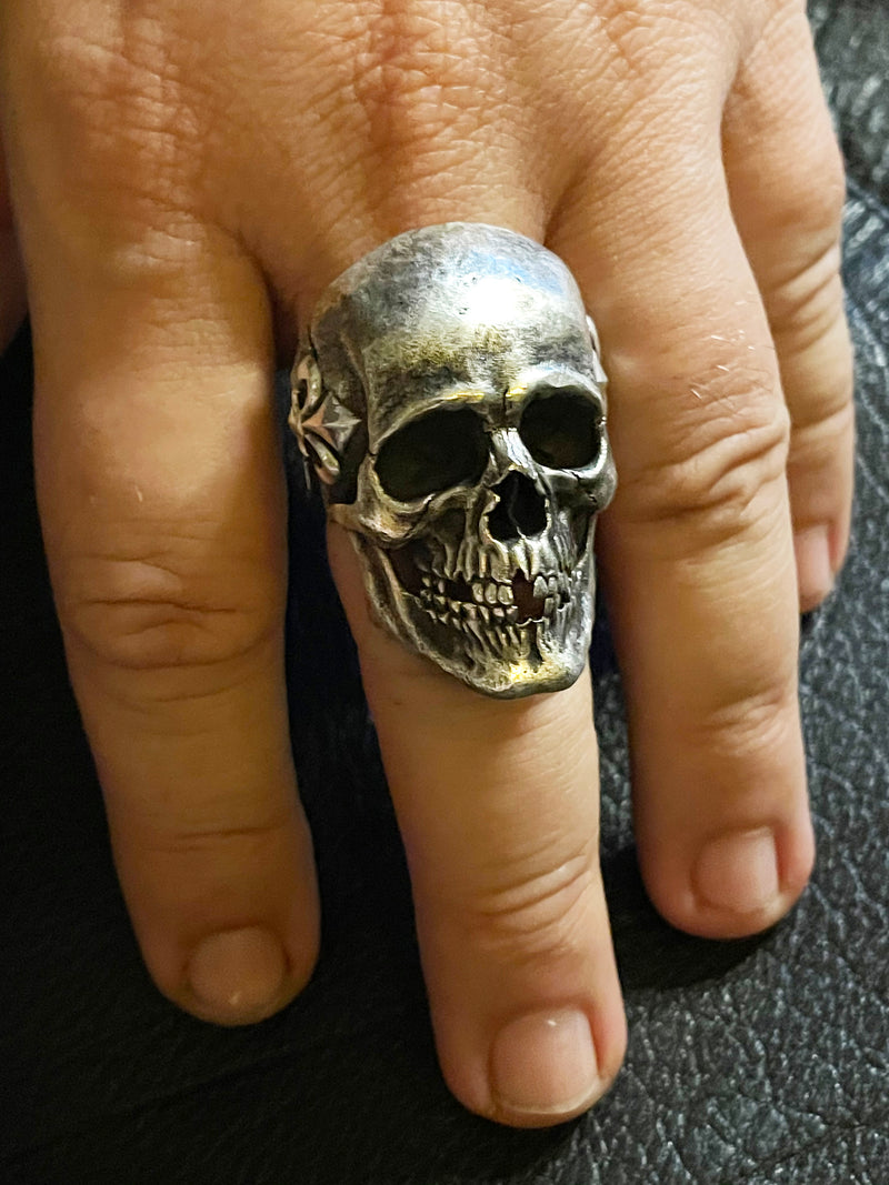Large Realistic Fleur de Lis Silver Skull Ring 