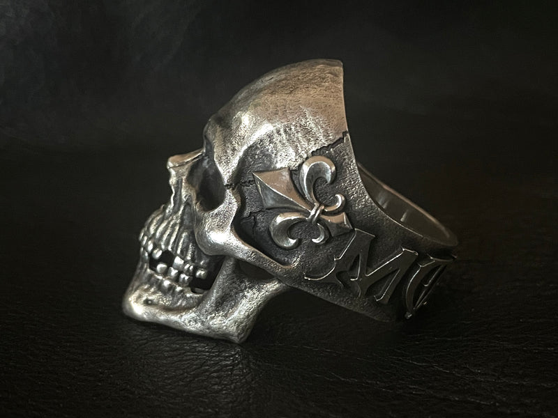 Large Realistic Fleur de Lis Silver Skull Ring 