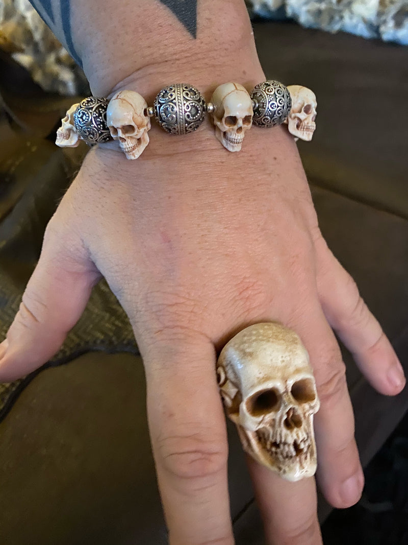 Mortis Ores Antler Skull & Silver Bead Bracelet