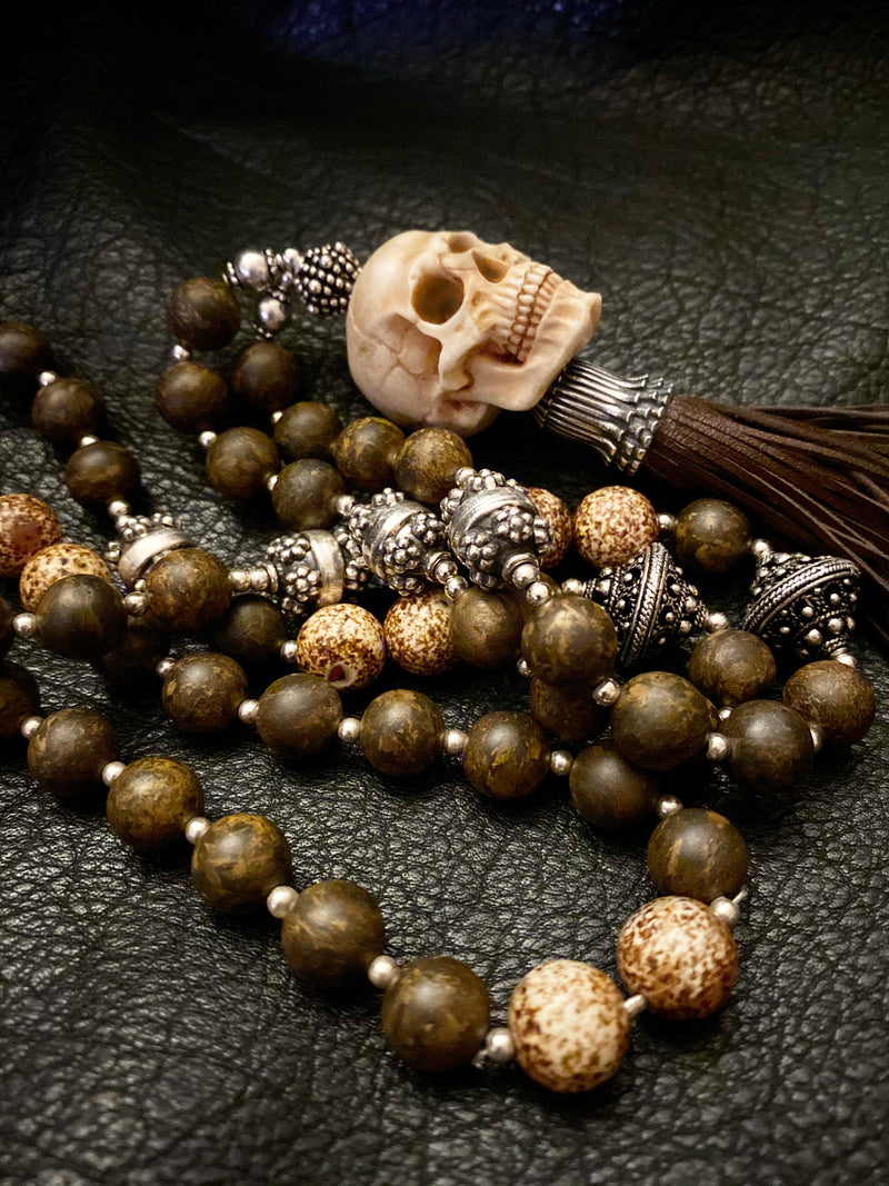 Bronzite Stone Brown Mala Chain Skull Necklace