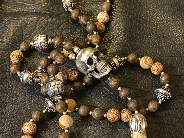Bronzite Stone Mala Chain Silver Skull Necklace